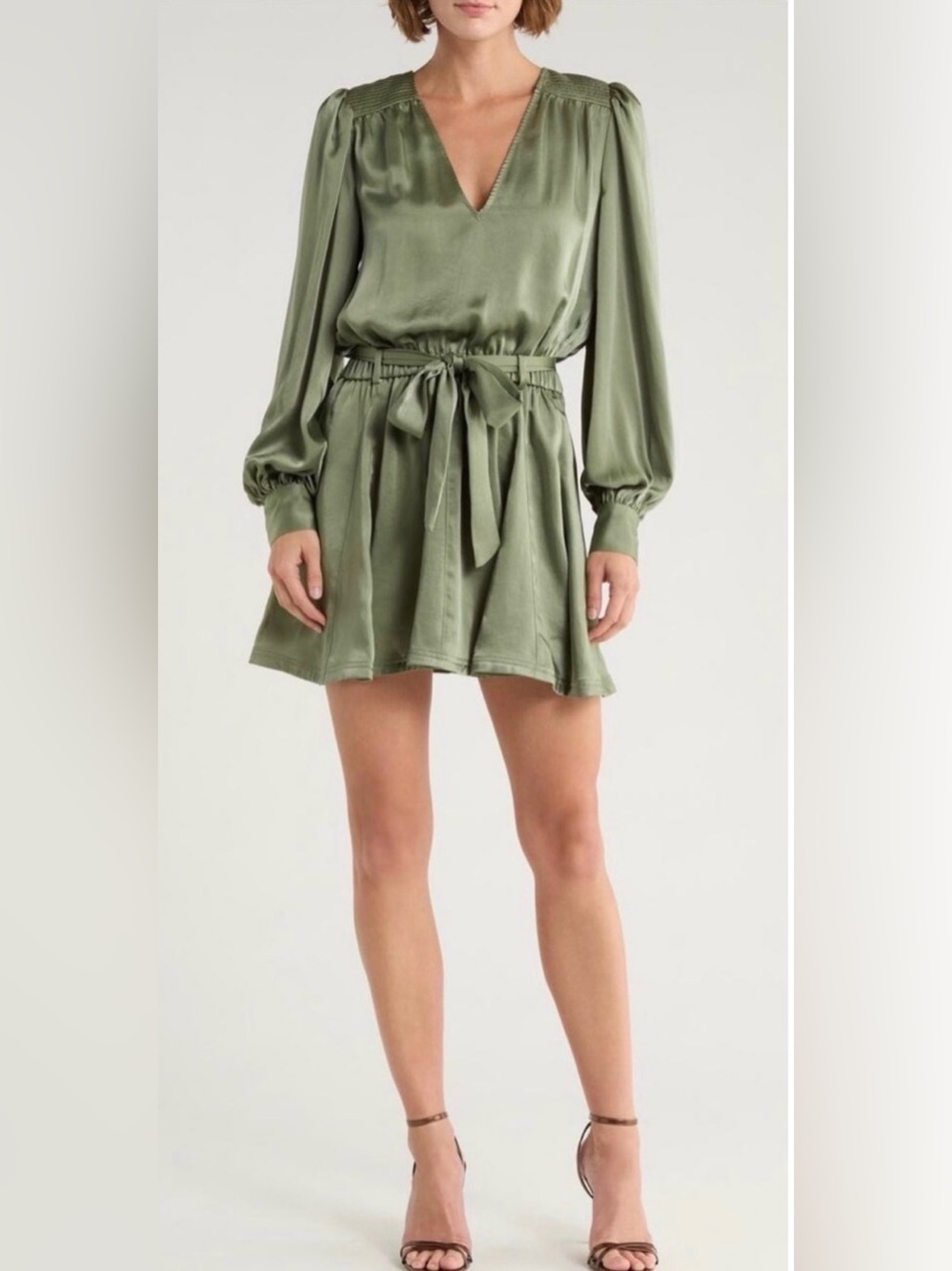 Ramy Brook Olive Satin V-Neck Tie-Waist Mini Dress